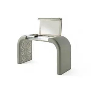 Luxury grey solid wood vanity dressing table with flip-top mirror and leopard print interior for hotel rooms.