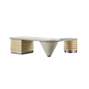 Luxury executive solid wood office desk with stainless steel hardware and geometric base for director's office.