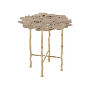 RST Luxury gold leaf accent side table with a layered leaf tabletop and slender four-leg base.
