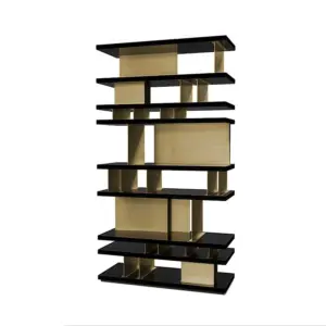 Modern luxury floor bookshelf in black and gold solid wood with geometric design for hotel libraries.