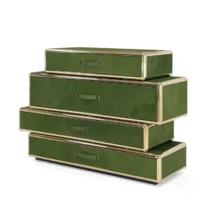 Luxury green solid wood sideboard with artistic pony hair finish and gold metal trim.