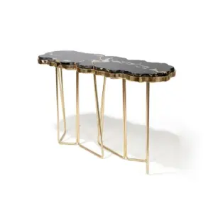 Alt Text: RST Luxury black marble console table with live-edge slice design and gold metal frame.