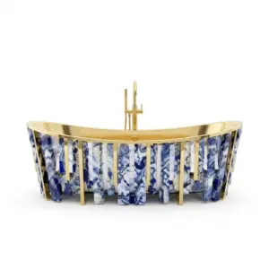 RST Luxury blue agate and gold-plated stainless steel freestanding bathtub.