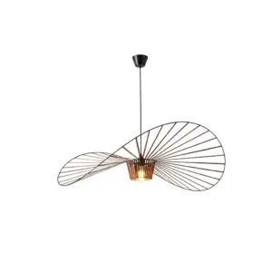 Large modern wave iron pendant light in black for luxury hotel lobby.