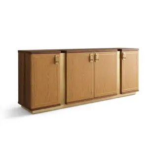 Luxury Italian minimalist solid wood sideboard cabinet in orange with four doors and gold handles for high-end hospitality interiors.