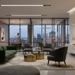 A luxury minimalist office interior featuring integrated smart lighting, green velvet seating, and a large gold RST logo on a white marble feature wall.