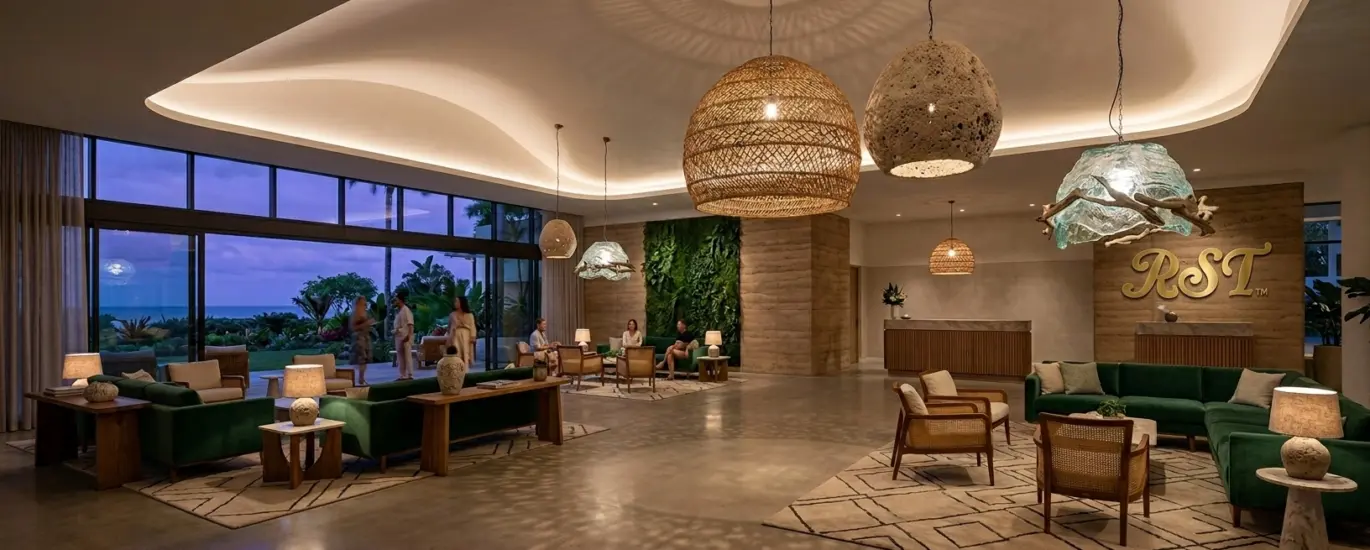 A panoramic view of a luxury hotel lobby with a biophilic design, featuring large organic-textured pendant lights, a green living wall, and a gold RST logo on a wood-paneled wall behind the reception desk.