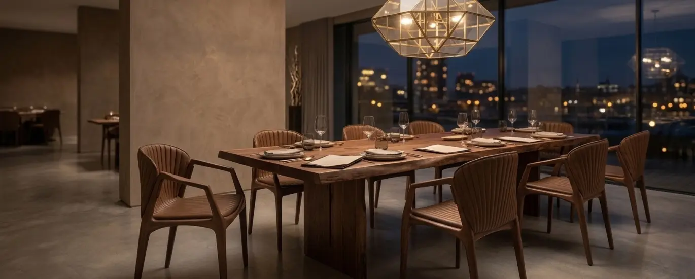 Modern luxury dining room featuring a solid wood live-edge table and leather upholstered dining chairs with shell-back design under a geometric pendant light.