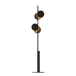 Modern minimalist black LED floor lamp with four circular rotating discs for luxury hotel suite decor.