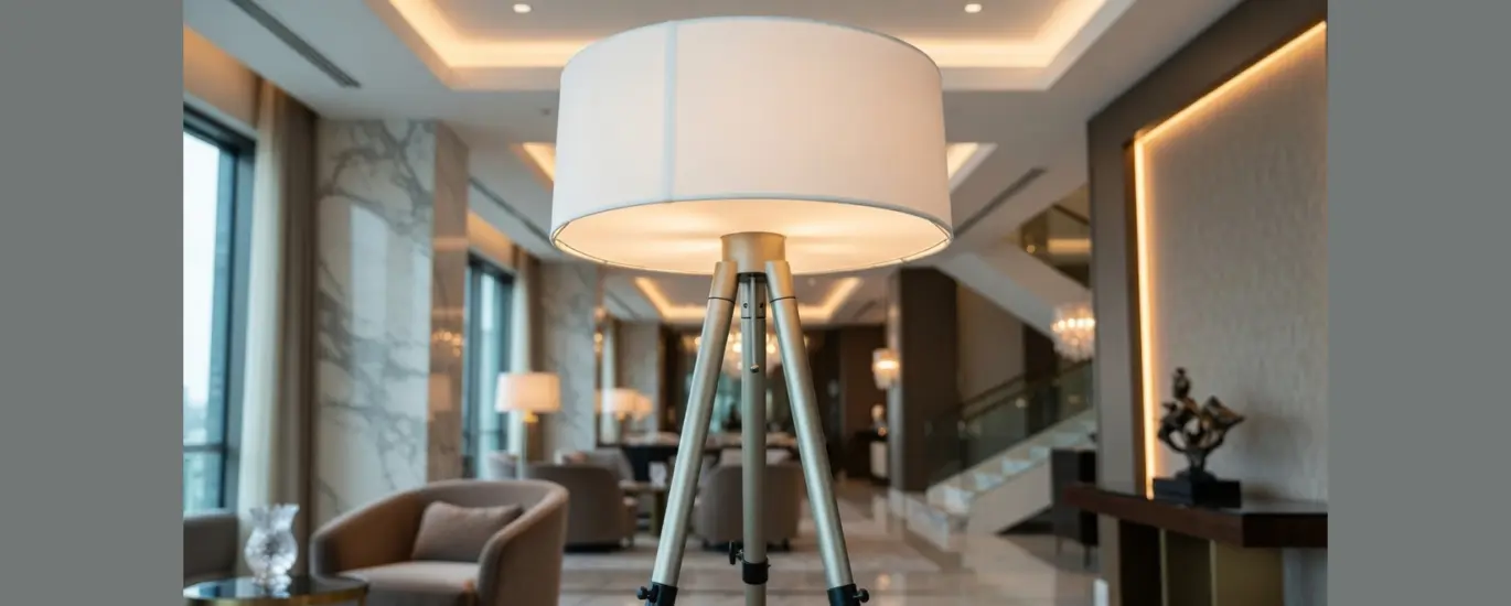 A technical infographic of a luxury tripod floor lamp featuring the RST logo on a modern wall. It highlights high-tensile alloy construction, CNC-machined joints, and a hand-rolled fabric shade, with icons for Zigbee and DALI smart integration.