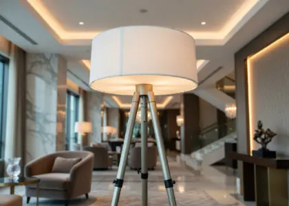 A technical infographic of a luxury tripod floor lamp featuring the RST logo on a modern wall. It highlights high-tensile alloy construction, CNC-machined joints, and a hand-rolled fabric shade, with icons for Zigbee and DALI smart integration.