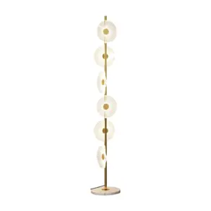 Luxury modern floor lamp with natural marble base and fan-shaped LED diffusers in gold and black finishes.