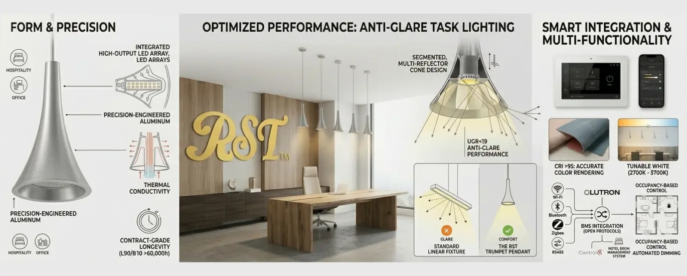 Infographic for RST Modern Aluminum Trumpet Pendant Light showcasing its minimalist design in a professional office, technical diagrams of anti-glare UGR