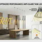Infographic for RST Modern Aluminum Trumpet Pendant Light showcasing its minimalist design in a professional office, technical diagrams of anti-glare UGR