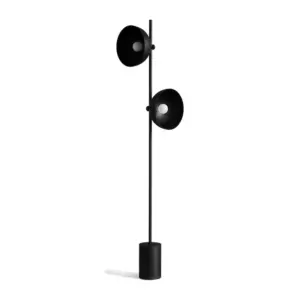 Minimalist black iron floor lamp with dual shades and white marble base, customizable for luxury hotel guest rooms.