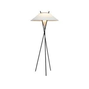 Luxury white tripod floor lamp with fabric shade and black iron legs, customizable for high-end hotel guest rooms.