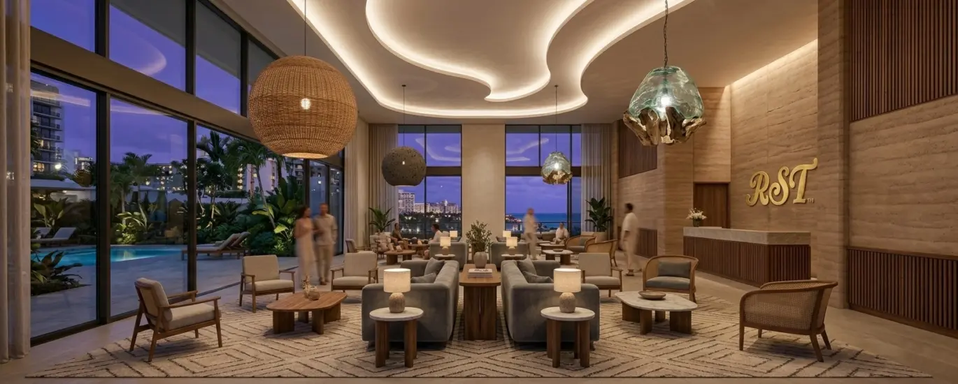 A wide-angle panoramic view of a modern minimalist hotel lobby at dusk, featuring low-profile grey sofas, woven and cane armchairs, and organic-textured pendant lights, with a gold RST logo prominently displayed on a textured stone wall behind the reception desk.