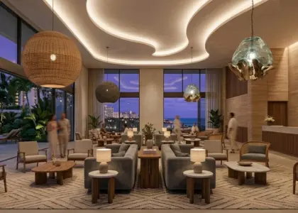 A wide-angle panoramic view of a modern minimalist hotel lobby at dusk, featuring low-profile grey sofas, woven and cane armchairs, and organic-textured pendant lights, with a gold RST logo prominently displayed on a textured stone wall behind the reception desk.