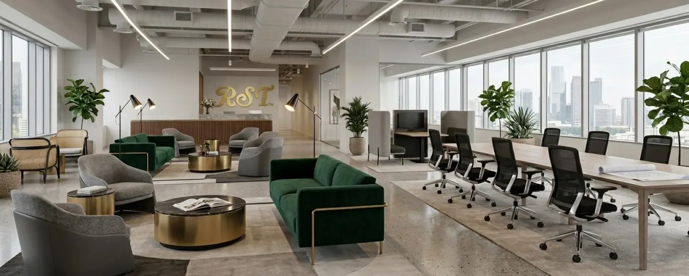 A panoramic view of a modern, open-plan office lounge and co-working area with a city skyline visible through floor-to-ceiling windows.