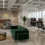 A panoramic view of a modern, open-plan office lounge and co-working area with a city skyline visible through floor-to-ceiling windows.