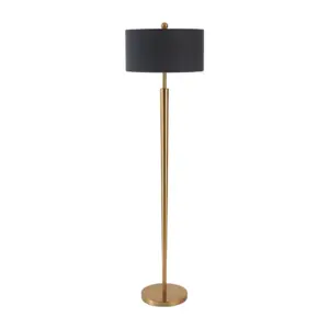 Nordic luxury floor lamp with black fabric drum shade and gold iron stem, customizable for hotel hospitality projects.