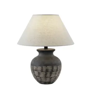 Antique charcoal textured ceramic table lamp with woven pattern and conical linen shade for luxury hotel projects