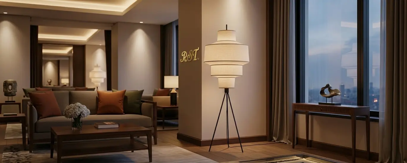 A wide, cinematic view of a luxury hotel suite featuring a modern tripod floor lamp with a tiered fabric shade.