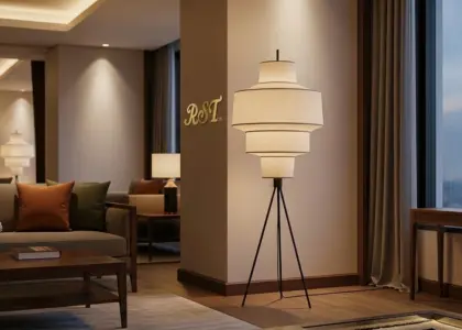A wide, cinematic view of a luxury hotel suite featuring a modern tripod floor lamp with a tiered fabric shade.