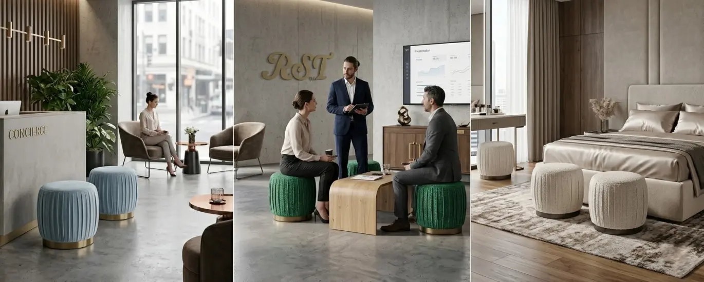 A panoramic 16:6.4 shot of the RST Ruched Designer Low Stool in three settings: a luxury hotel lobby, a corporate breakout area with the RST logo, and a high-end master bedroom suite.
