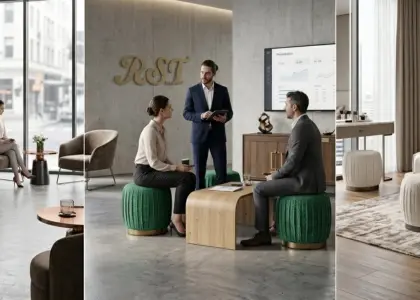 A panoramic 16:6.4 shot of the RST Ruched Designer Low Stool in three settings: a luxury hotel lobby, a corporate breakout area with the RST logo, and a high-end master bedroom suite.