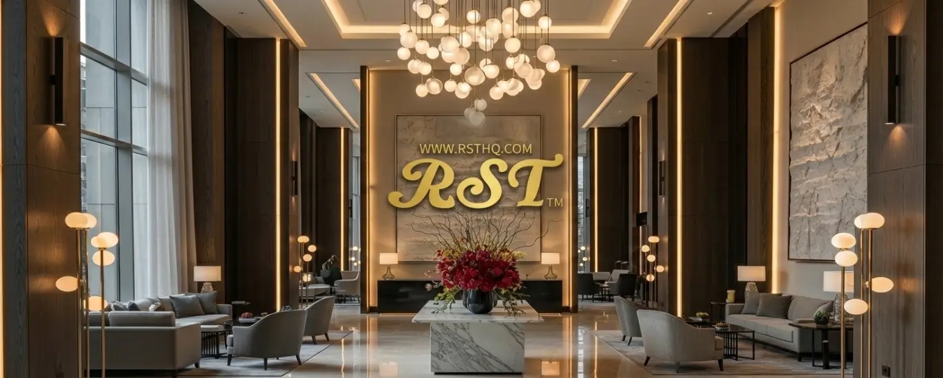 A luxurious hotel lobby featuring professional engineering and hospitality lighting, with the gold RST logo and website address displayed on the center wall.