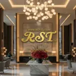 A luxurious hotel lobby featuring professional engineering and hospitality lighting, with the gold RST logo and website address displayed on the center wall.