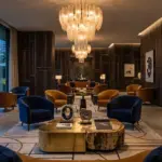 A luxurious panoramic hotel lobby featuring bespoke artisan furniture and gold RST branding, illustrating the future of custom luxury hospitality interior design.