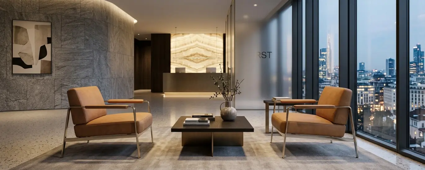 Modern corporate office reception area featuring wood and stone walls, a large city view window, two brown leather armchairs, and several people including a receptionist and people waiting.