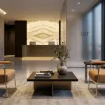 Modern corporate office reception area featuring wood and stone walls, a large city view window, two brown leather armchairs, and several people including a receptionist and people waiting.