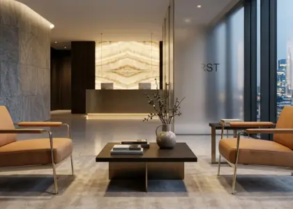 Modern corporate office reception area featuring wood and stone walls, a large city view window, two brown leather armchairs, and several people including a receptionist and people waiting.