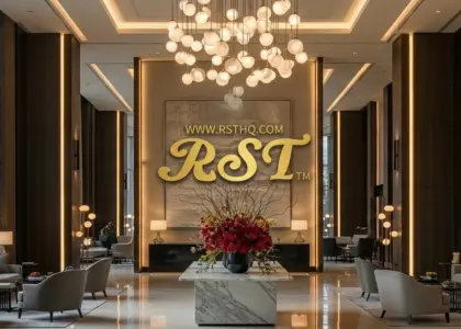 A luxurious hotel lobby featuring professional engineering and hospitality lighting, with the gold RST logo and website address displayed on the center wall.