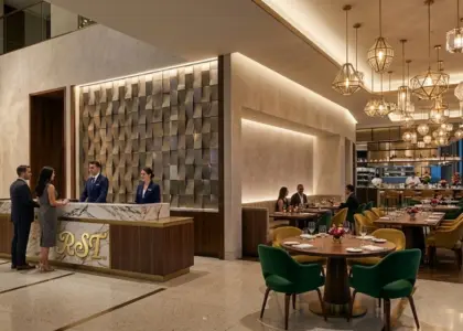 A luxury modern hotel lobby and upscale restaurant interior featuring a marble reception desk with the gold RST logo, a spiral crystal art installation, and designer pendant lighting.