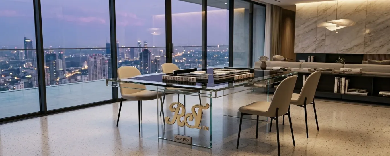 RST Luxury Glass Mahjong Table featuring a minimalist tempered glass design with a black playing surface in a high-end skyscraper penthouse at twilight.