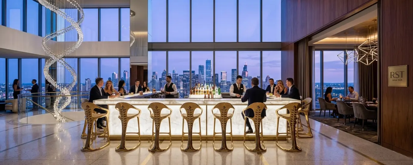 A row of RST Luxury Gold Sculptural Bar Stools with organic metallic frames at a glowing marble bar in a high-end skyscraper sky lounge at twilight.
