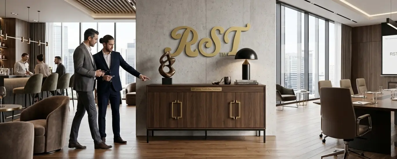 A high-end RST luxury double door sideboard in a modern commercial interior featuring the gold RST logo on a concrete wall, blending hospitality lounge and executive boardroom settings.