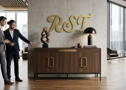 A high-end RST luxury double door sideboard in a modern commercial interior featuring the gold RST logo on a concrete wall, blending hospitality lounge and executive boardroom settings.