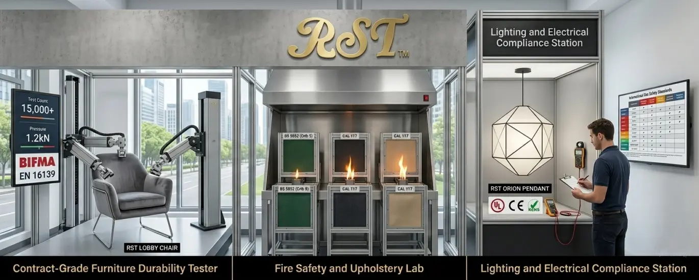 A panoramic view of the RST professional compliance laboratory, featuring a mechanical durability test on a grey armchair, a fire safety testing chamber for upholstery fabrics, and a lighting electrical compliance station with a technician, all branded with a prominent gold RST logo.