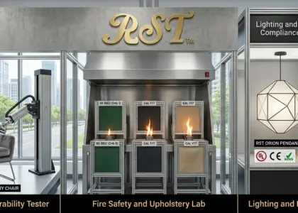 A panoramic view of the RST professional compliance laboratory, featuring a mechanical durability test on a grey armchair, a fire safety testing chamber for upholstery fabrics, and a lighting electrical compliance station with a technician, all branded with a prominent gold RST logo.