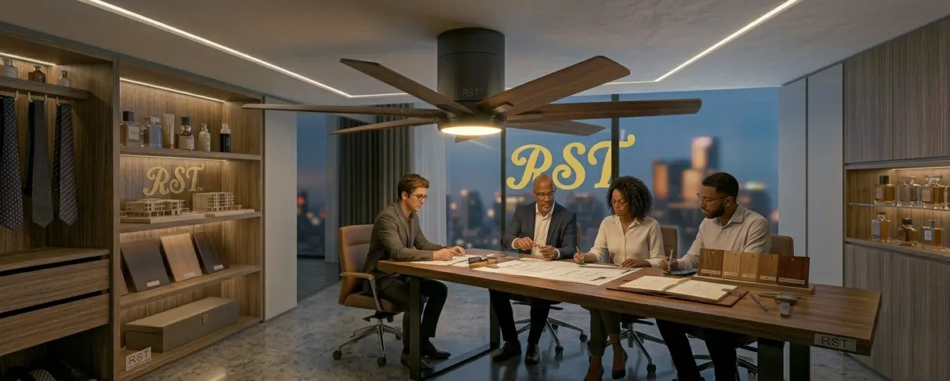 A professional B2B meeting in a luxury penthouse, where three designers examine a building model under an illuminated, multi-blade designer ceiling fan, with a large RST™ logo displayed on the floor-to-ceiling glass.