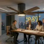 A professional B2B meeting in a luxury penthouse, where three designers examine a building model under an illuminated, multi-blade designer ceiling fan, with a large RST™ logo displayed on the floor-to-ceiling glass.