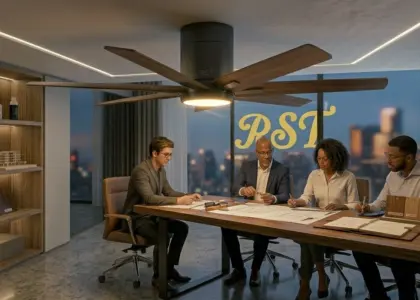 A professional B2B meeting in a luxury penthouse, where three designers examine a building model under an illuminated, multi-blade designer ceiling fan, with a large RST™ logo displayed on the floor-to-ceiling glass.