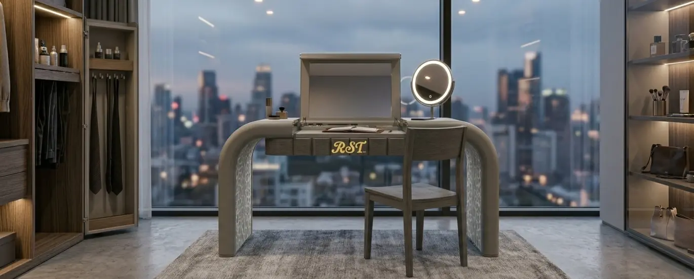 RST Luxury Grey Solid Wood Vanity Table with integrated folding mirror and bespoke storage in a high-end penthouse interior.