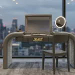 RST Luxury Grey Solid Wood Vanity Table with integrated folding mirror and bespoke storage in a high-end penthouse interior.