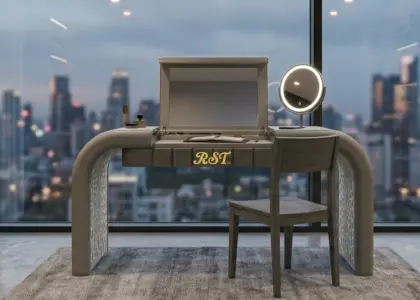 RST Luxury Grey Solid Wood Vanity Table with integrated folding mirror and bespoke storage in a high-end penthouse interior.